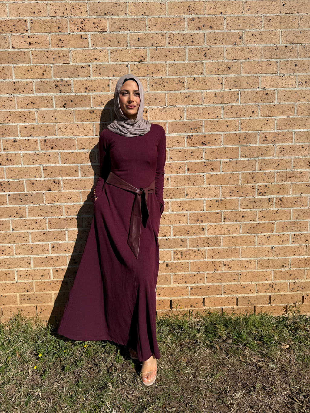 Iman Leather Belt Dress-Plum