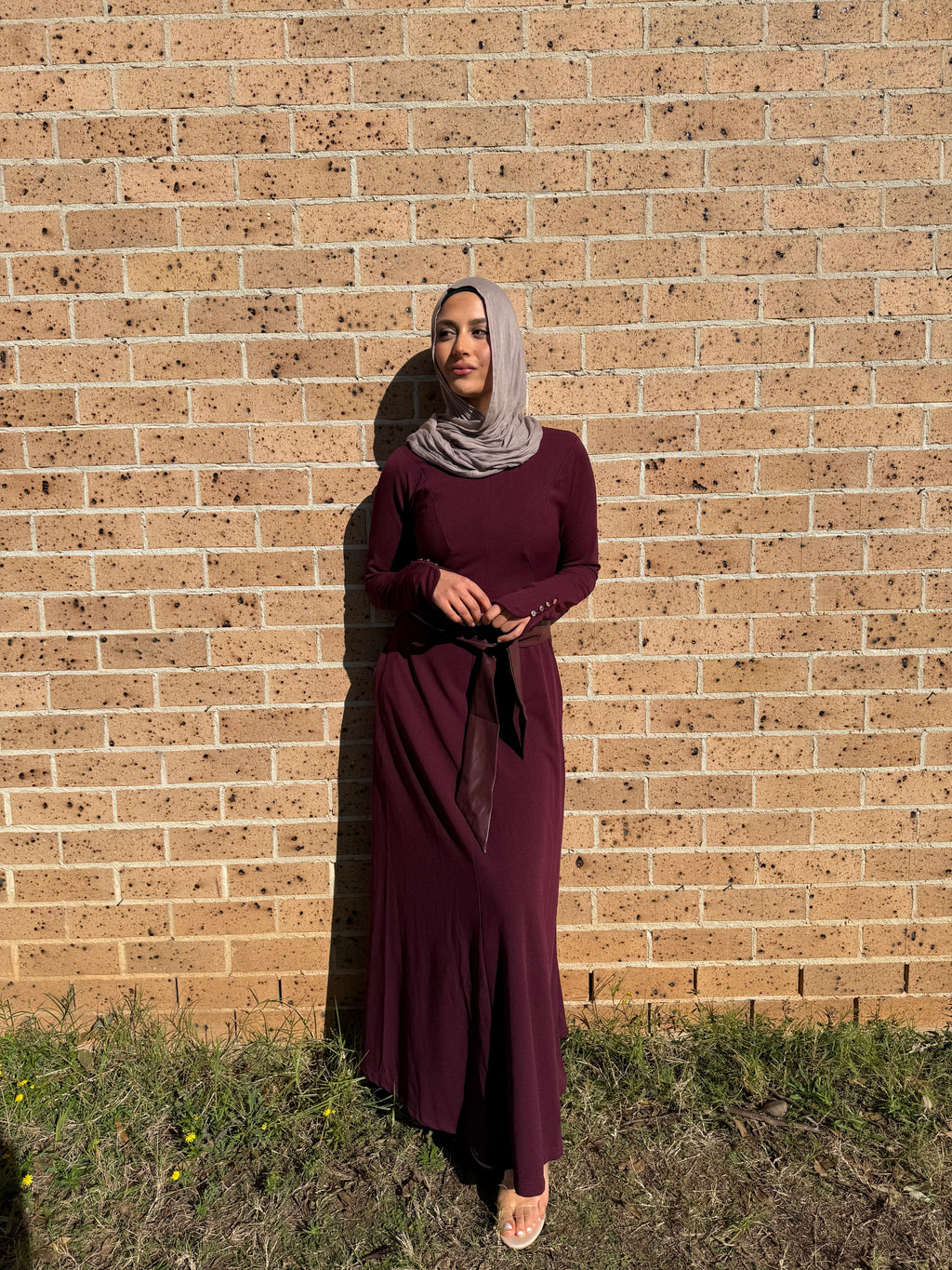 Iman Leather Belt Dress-Plum